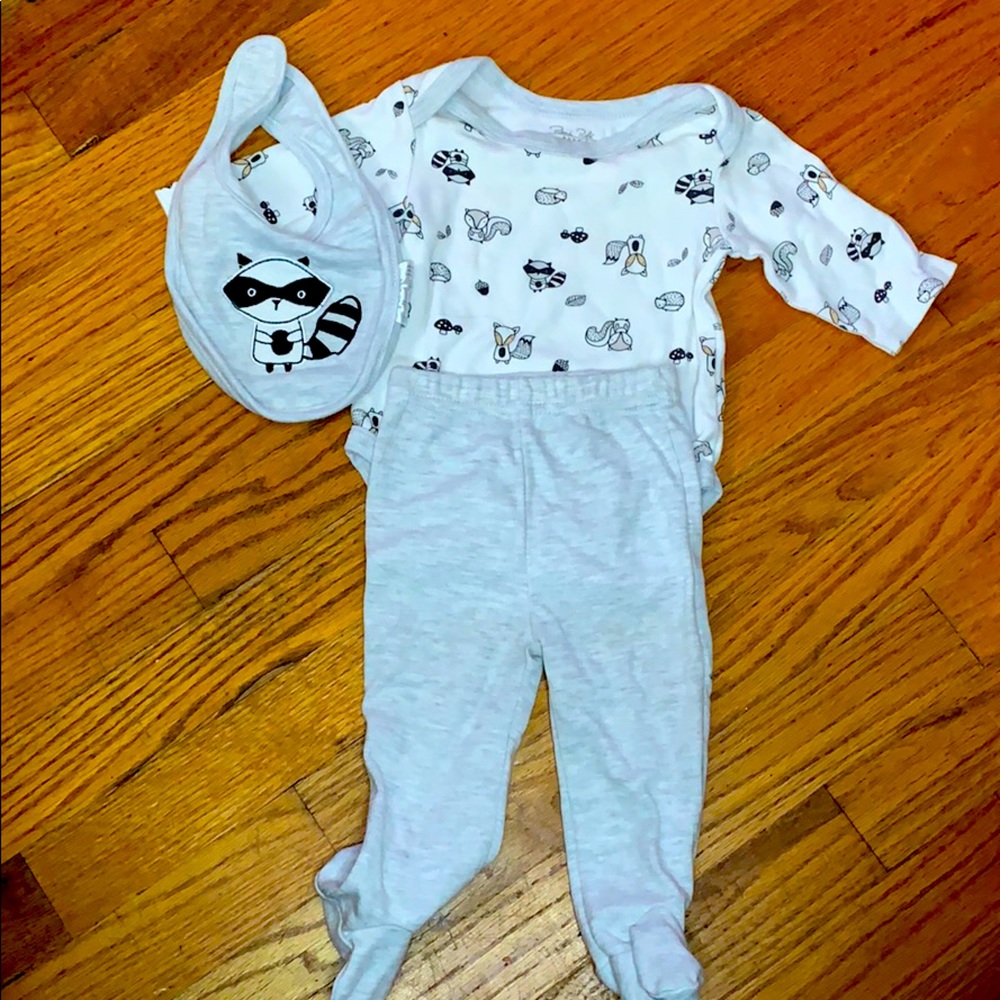 Matching onesie pants and bib raccoon set